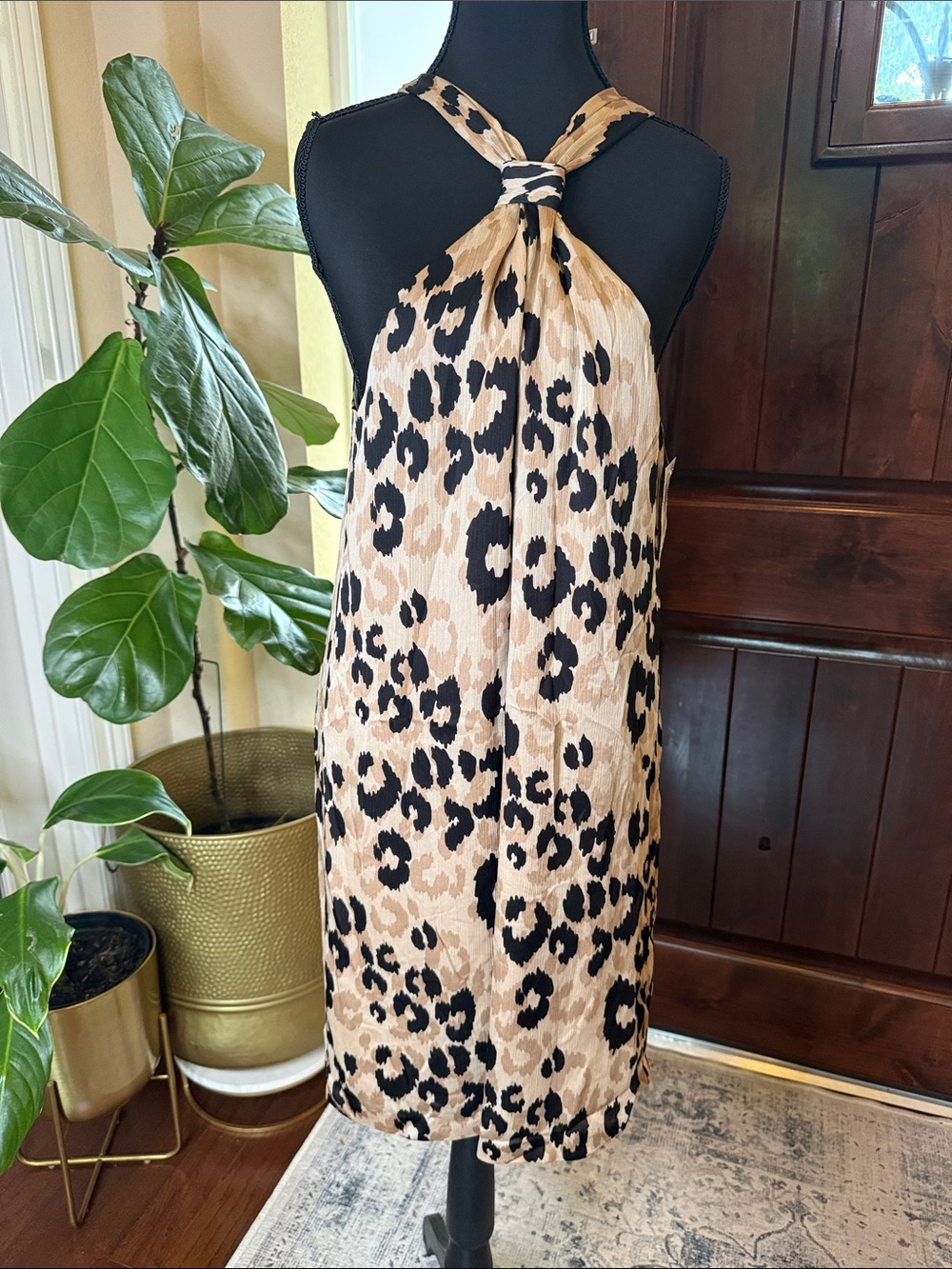 Trina Turk Leopard Print Sleeveless Gathered Neck Sheath Dress Size S